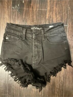 Kan Can Black Distressed Frayed Hem Denim Shorts